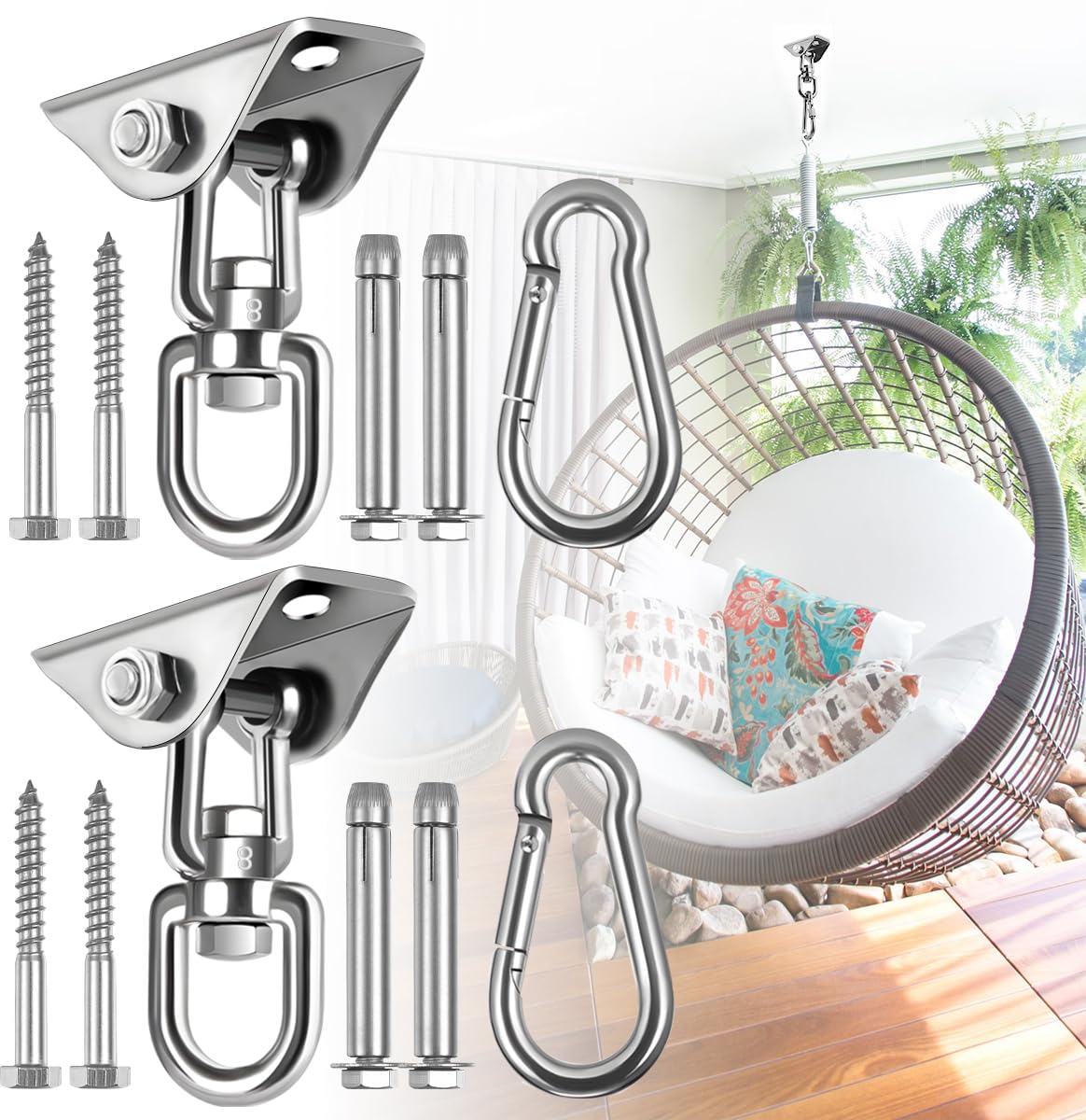2 Pack Hammock Hanging Kit, Hanging Chair Hardware 360°Rotating Hammock Hooks Heavy Duty, Hammock Chair Hanging Kit & Swing Ceiling Hook Snap For Hammock Chair,Heavy Bag,Seat,Yoga,Gym,1200 Lb Capacity