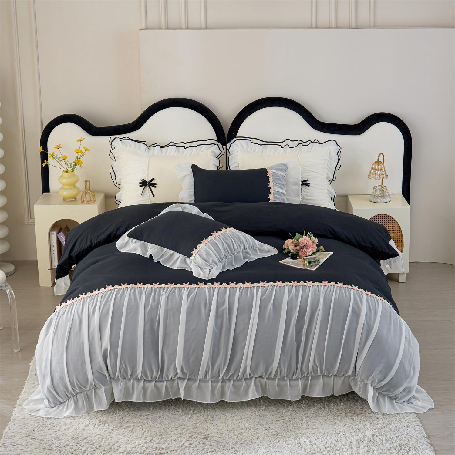 Moowoo Chic Ruffle Lace Full Duvet Cover Set-Princess Girl Bedding-3 Piece Comforter Duvet Cover With Zipper Closure,Coquette Ro