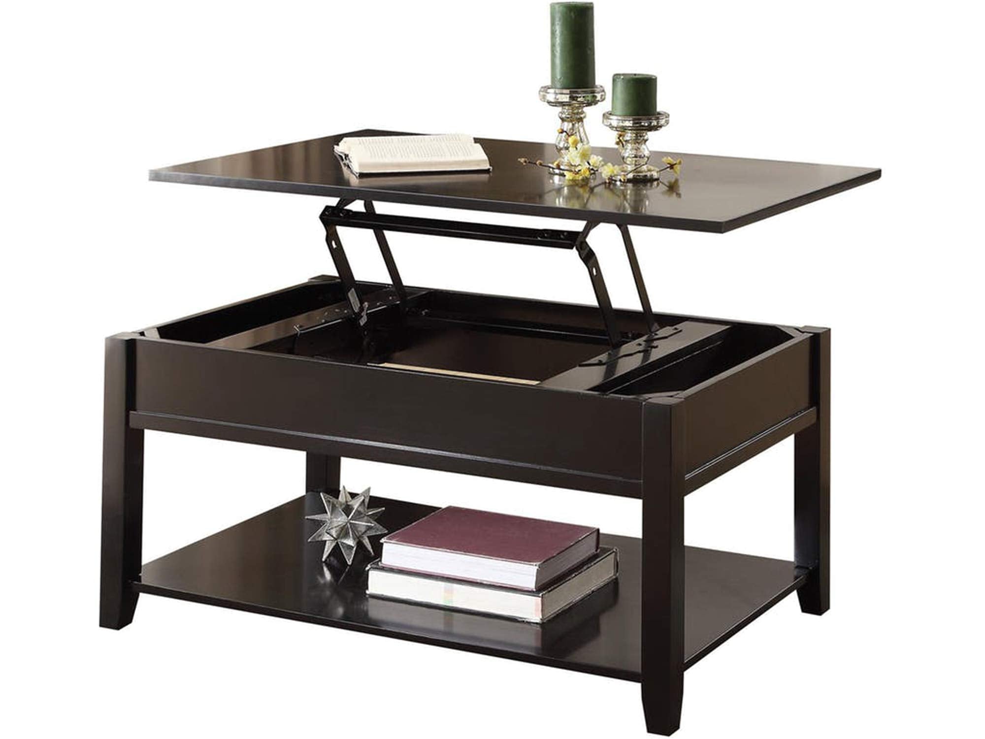 Benzara 19 Inch Lift Top Cocktail Table With Bottom Shelf, One Size, Black
