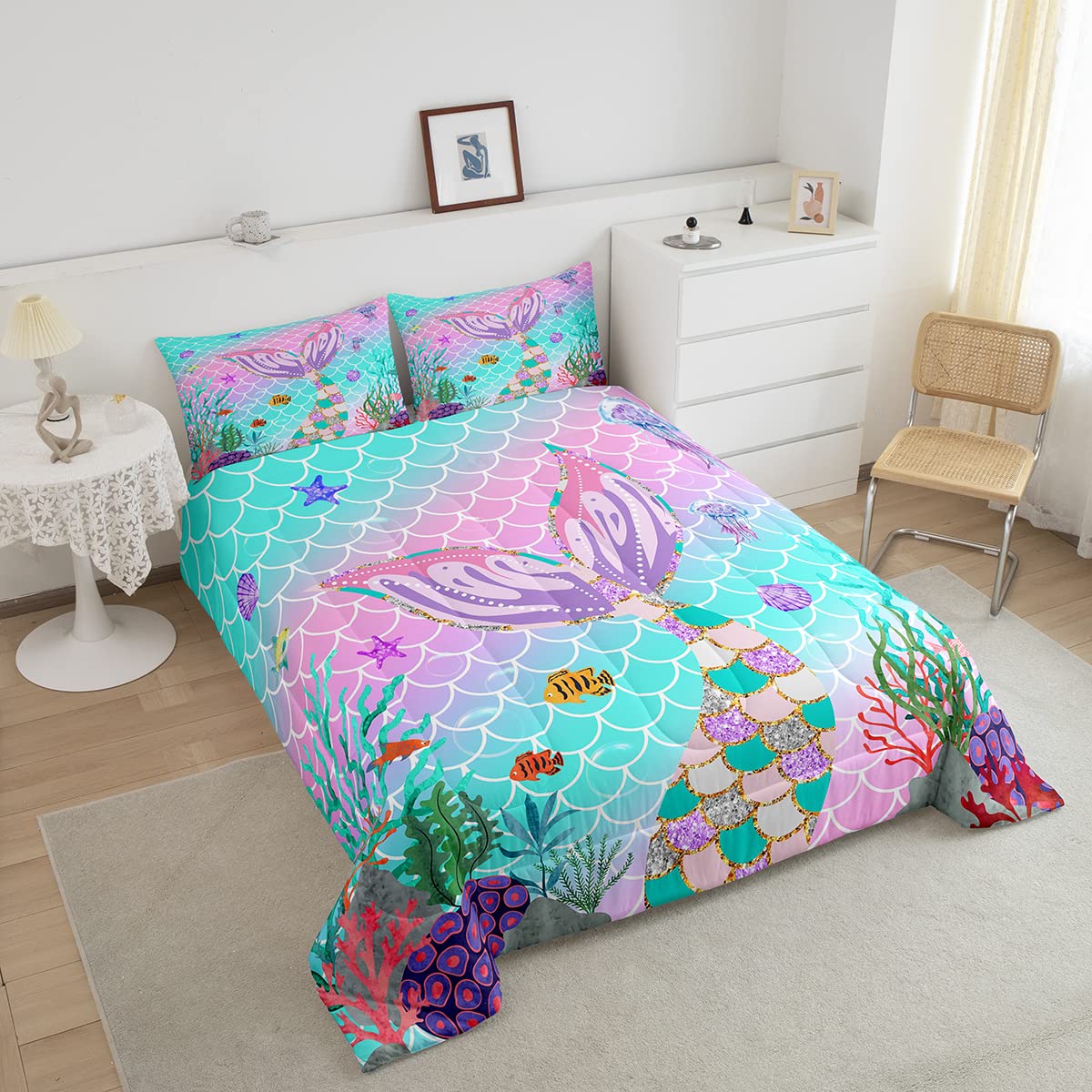 Erosebridal Mermaid Tail Comforter Set,Kids Fish Scales Duvet Stuffing Full,Girly Rainbow Bedding Set Ocean Life Sea Animal Bed Quilt Teal Sequins Pastel Pink Paillette Bedroom Decor,Multicolor