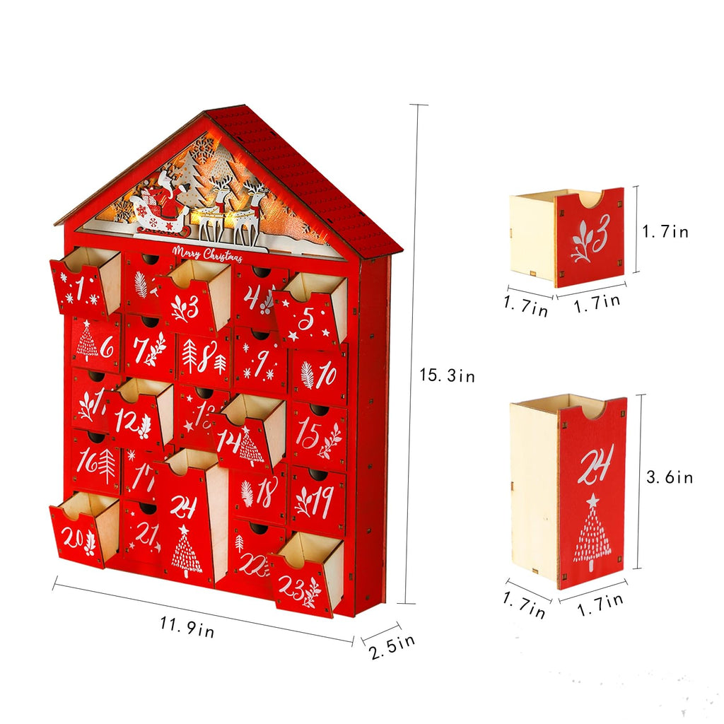 Mortime 24 Day Red House Advent Calendar With Lighted Reindeer Sled Christmas Tree Snowflake, Lighted Wooden Countdown To Christ