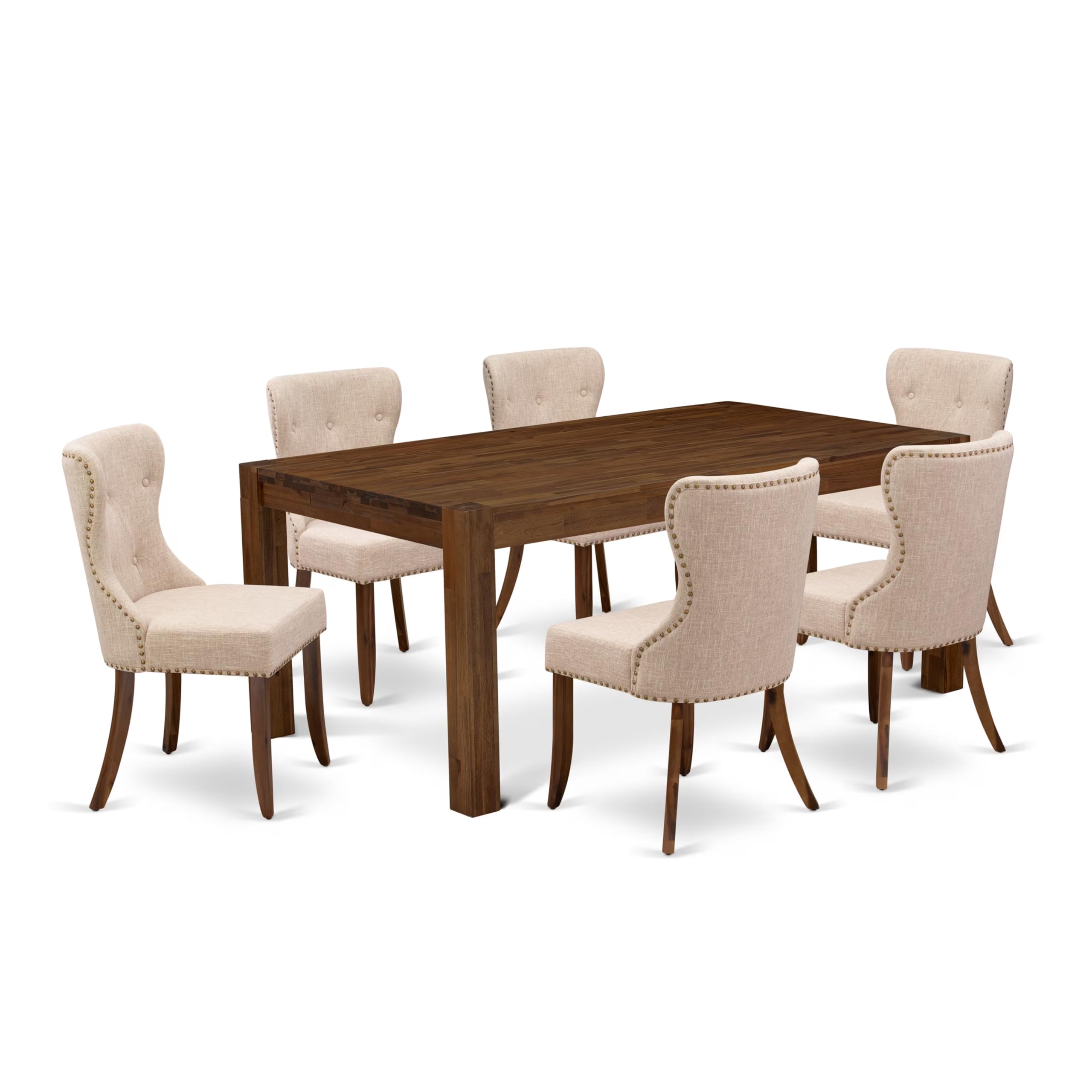 East West Furniture Lmsi7-N8-04 7 Piece Kitchen Table Set Consist Of A Rectangle Rustic Wood Dining Table And 6 Light Tan Linen Fabric Parson Dining Chairs, 40X72 Inch, Walnut