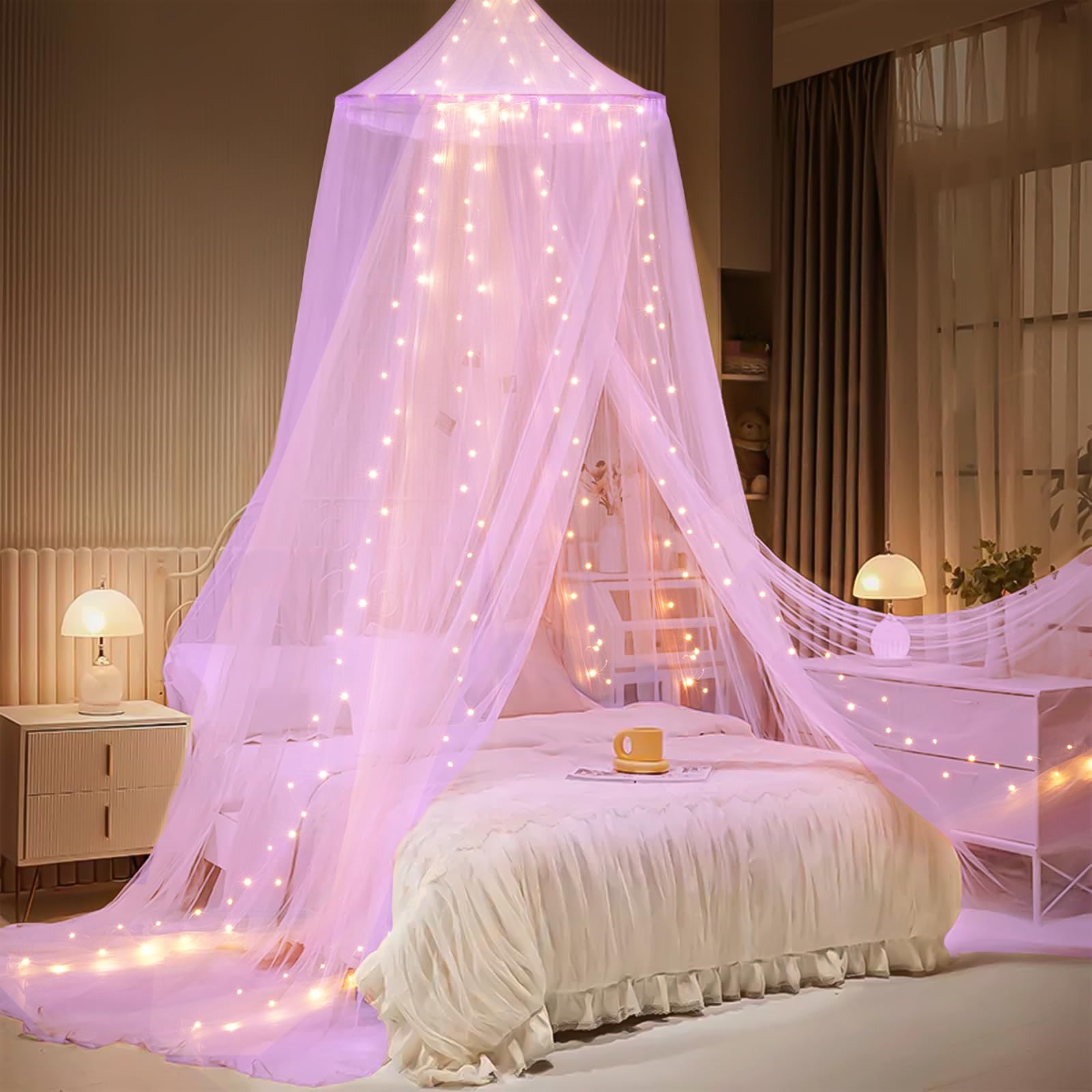 Bed Canopy With Lights, Bed Canopy For Girls Princess With Luminous Stars, Canopy Bed Curtains For Twin To King Size Bed, Baby K