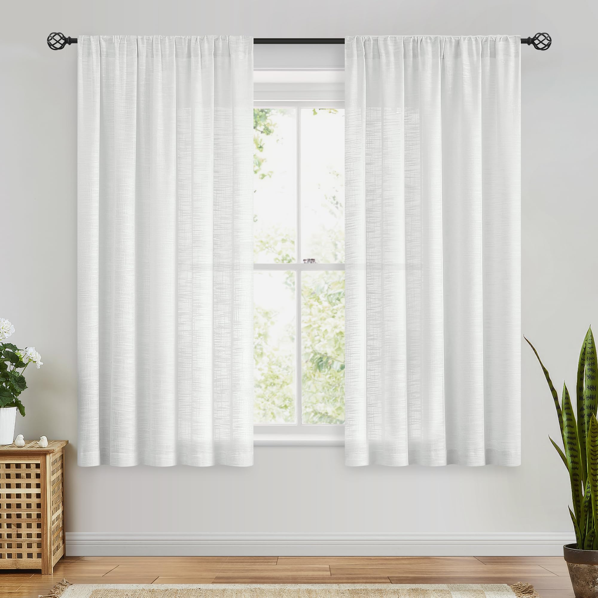 Fmfunctex Linen Semi Sheer Curtains 45 Inch Length For Bedroom Living Room, White Curtain Panels Sheer Linen Textured Window Dra