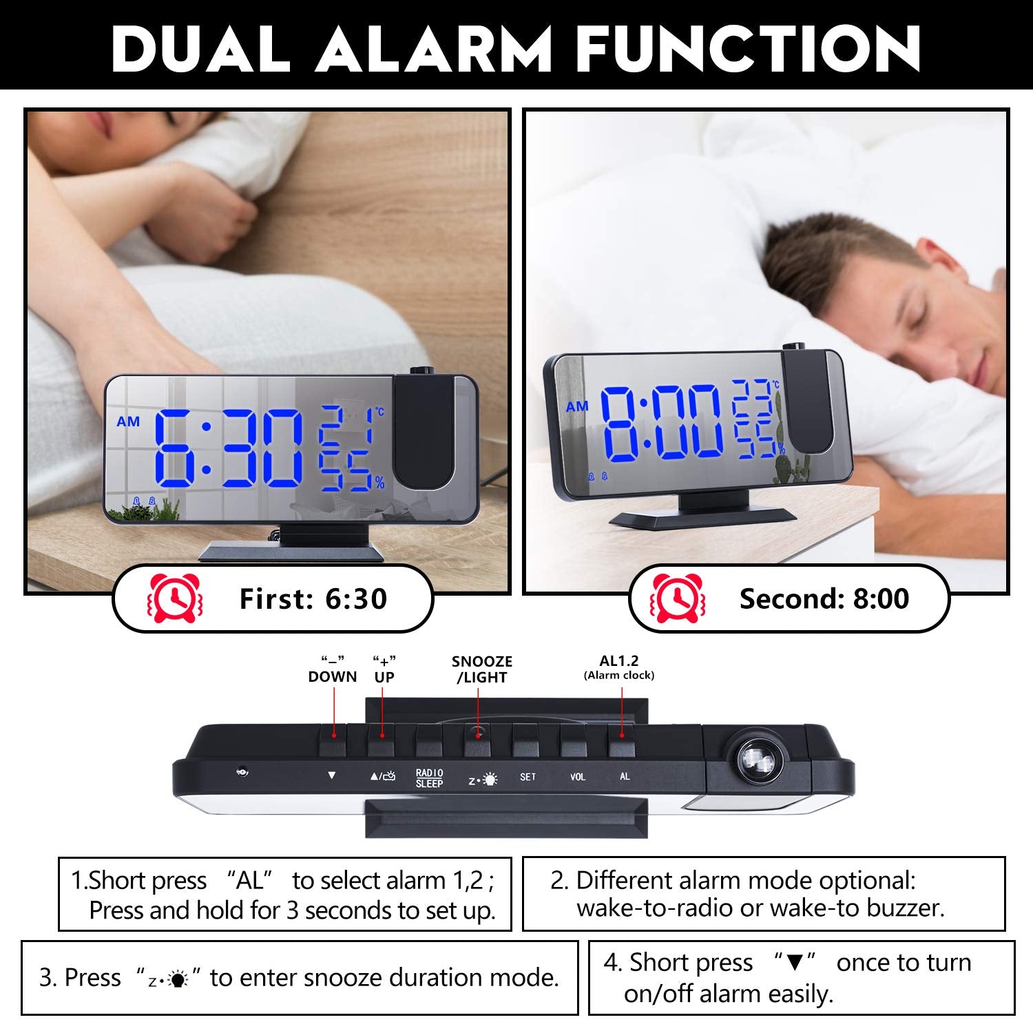 Projection Digital Alarm Clock For Bedrooms, Radio Alarm Clock On Ceiling, Usb Charger Port, Temperature & Humidity Display, 7.3