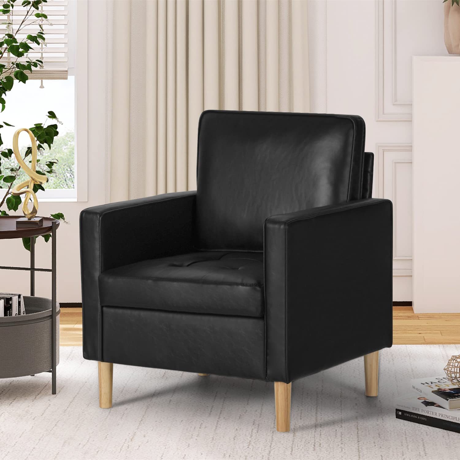 AILEEKISS Upholstered Modern Single Sofa Chair Mid-Century Faux Leather Living Room Accent Arm Chairs for Small Space, Home Livi