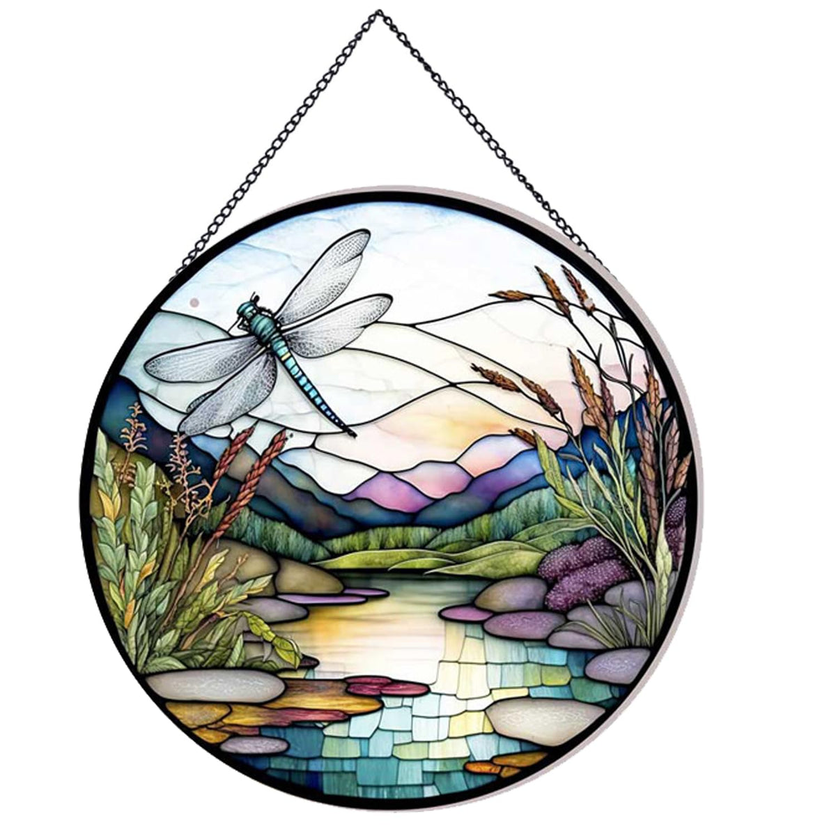 Payutou River And Dragonfly Pattern Suncatcher Stained Glass,Hanging Stained Glass For Windows,20Cm/7.87Inch Hand-Painted Sun Ca