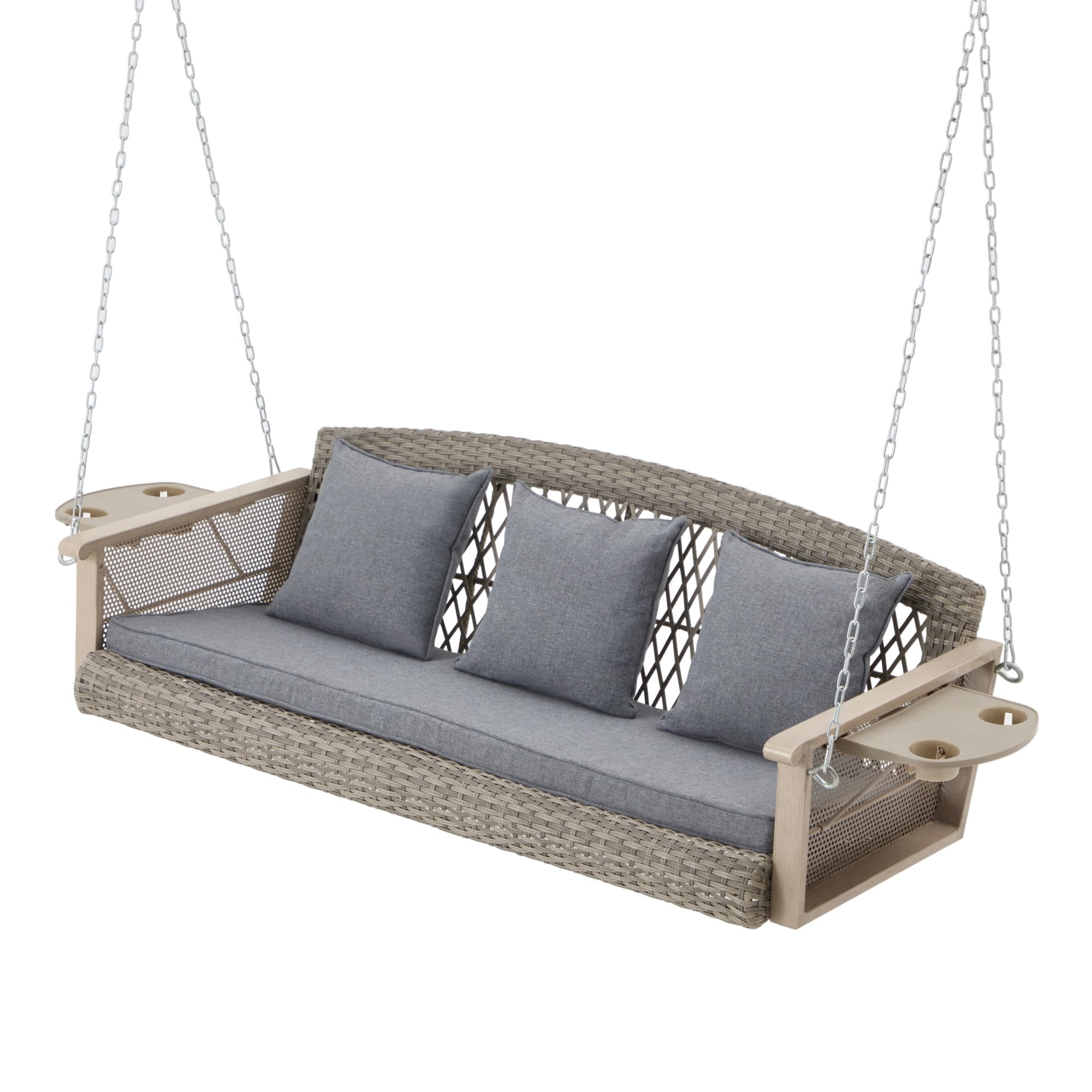 Homrest 3-Person Wicker Porch Swing With Upgraded Cup Holder, 55 Inch Patio Hanging Swing Bench Chair With Cushions 900Lbs Capacity Chains For Deck Garden Backyard (Grey)