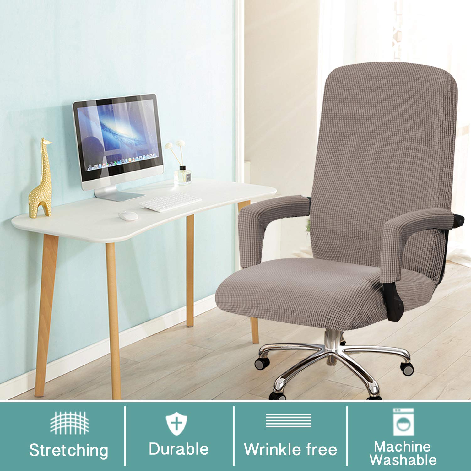 Turquoize Office Chair Cover Stretch Office Chair Covers With Arms Computer Chair Cover Universal Removable Rotating Boss Office Chair Slipcovers Desk Chair Cover For Dogs Cats Pets, Taupe