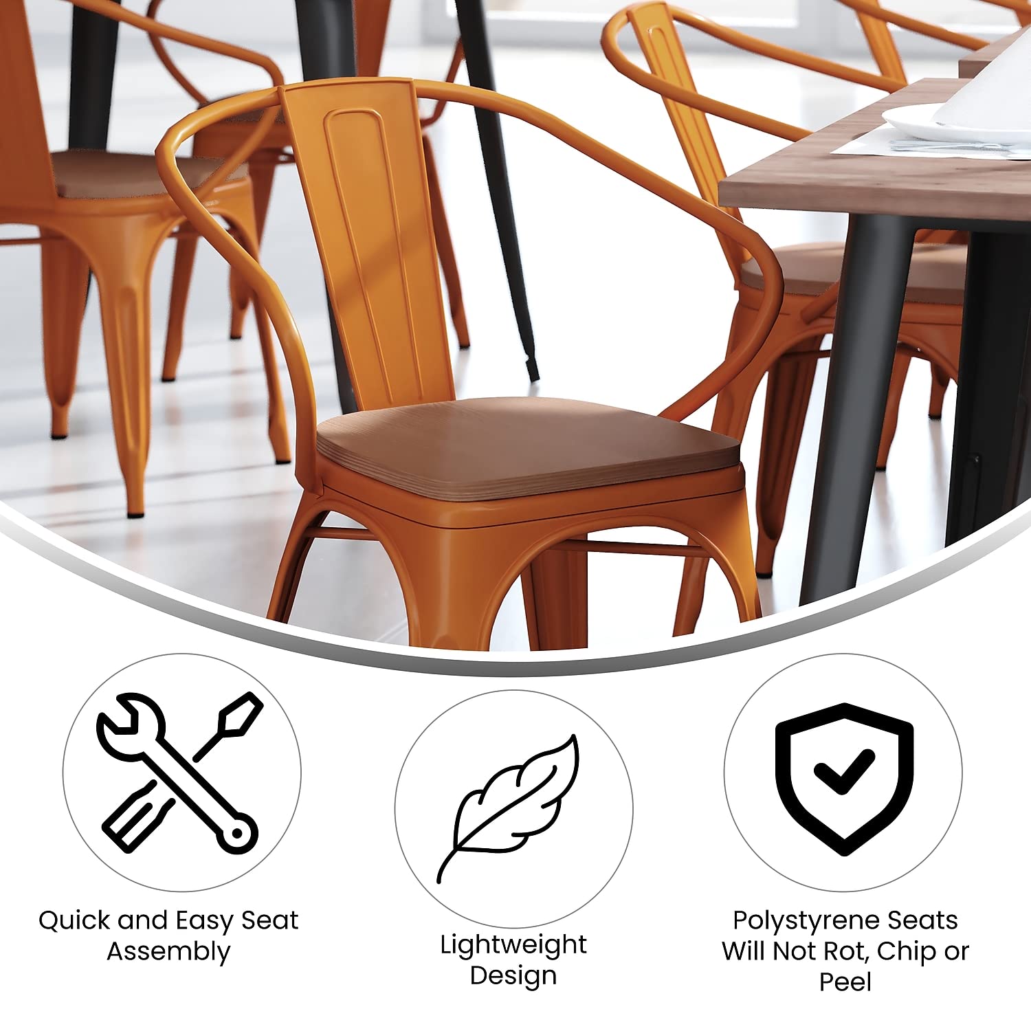 Flash Furniture Luna Commercial Grade Indoor-Outdoor Stack Chair with Arms - Orange Metal Frame - Teak All-Weather Polystyrene Seat - Vertical Slat Back