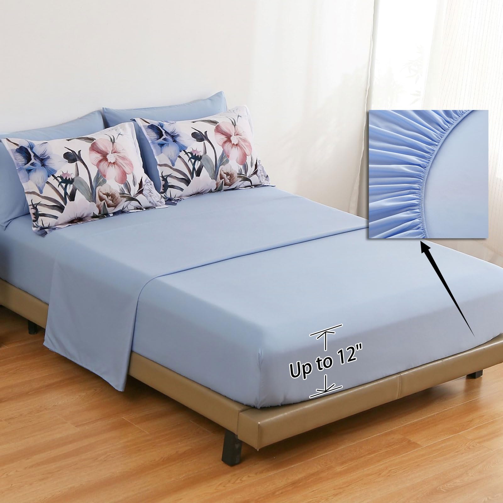 Luxudecor Floral Comforter Set Queen Size 7 Piece, Blue Flower Bed In A Bag, Elegant Floral Comforter With Sheet Set, Soft Micro