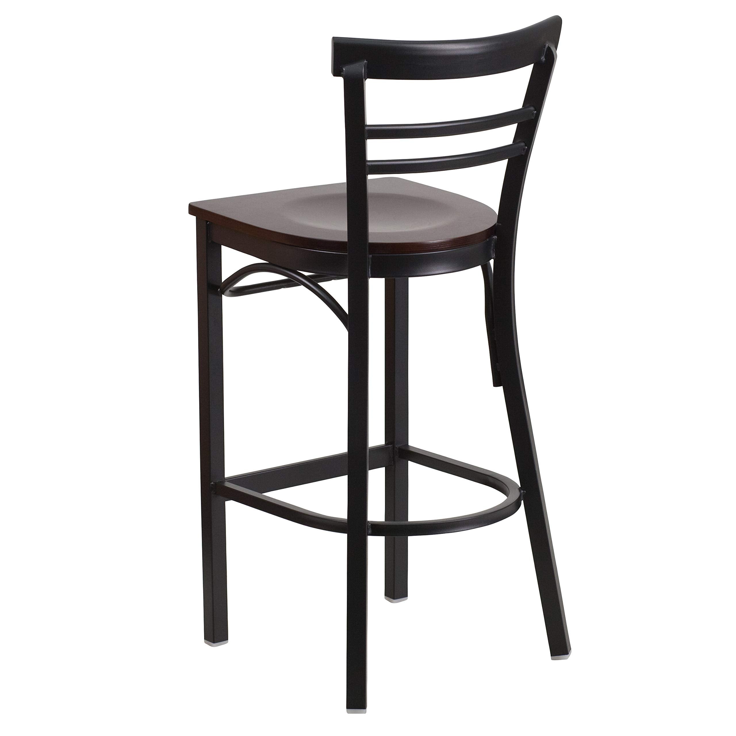 Flash Furniture HERCULES Series Black Two-Slat Ladder Back Metal Restaurant Barstool - Walnut Wood Seat