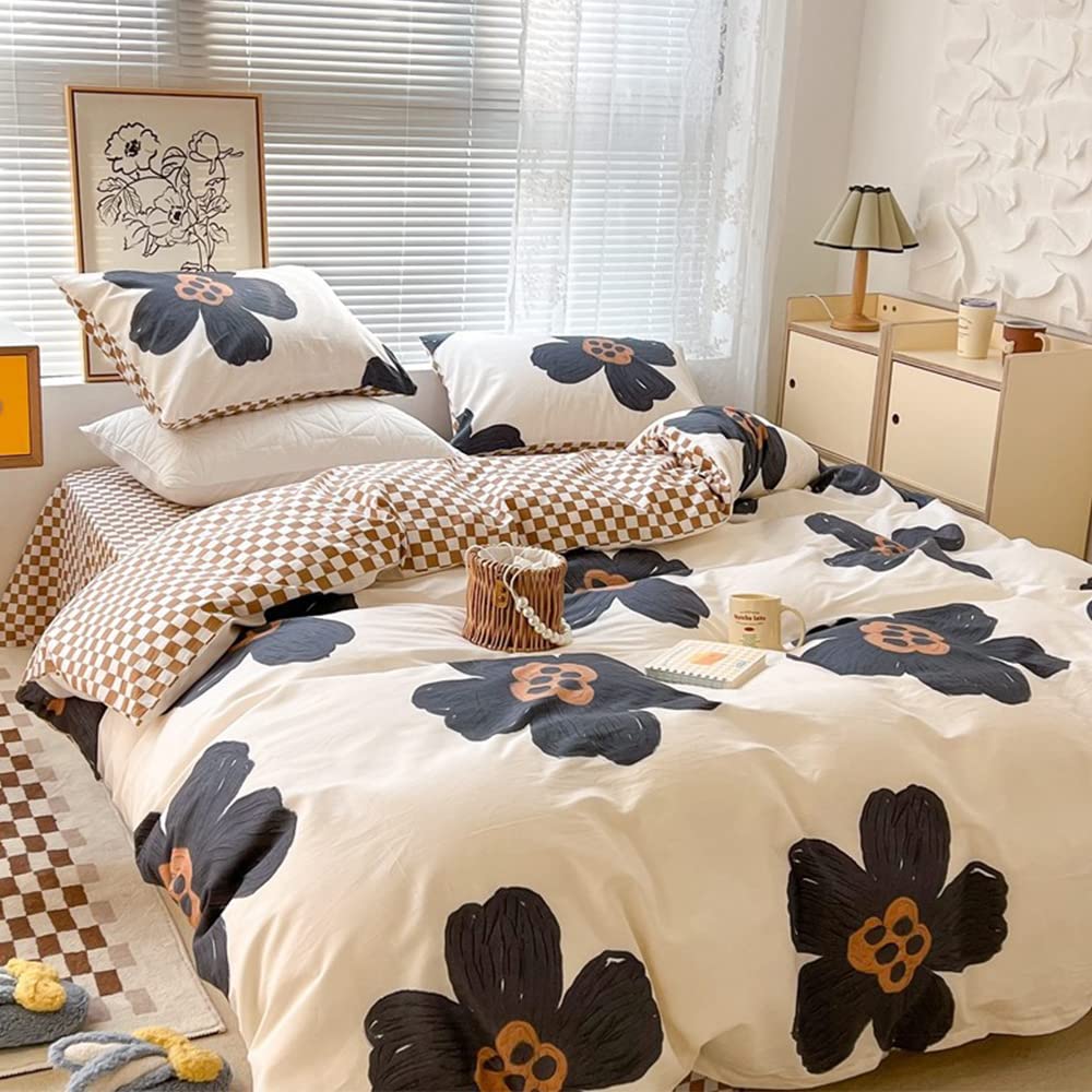 Clothknow Black Sunflower Comforter Set King Beige White Bedding Comforter Sets King Botanical Bed Comforter Black White Bedding Sets Pumpkin Grid Comforter 3Pcs Beige Bed Comforter Sets