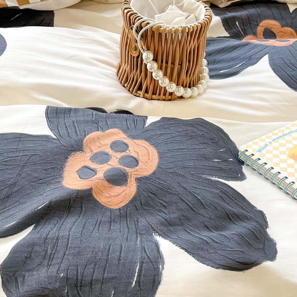 Clothknow Black Sunflower Queen Comforter Set 3Pcs Floral Bedding Comforter Sets Pumpkin Grid Comforter Botanical Comforter Soft