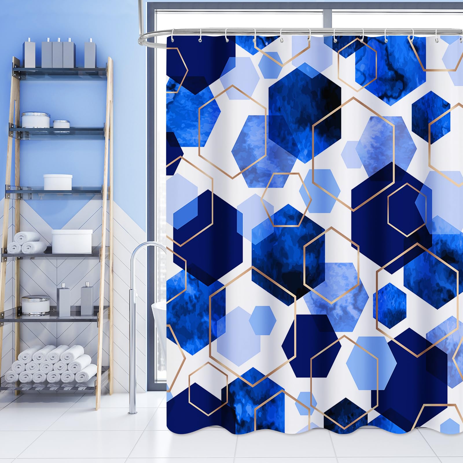 Litabel Modern Long Shower Curtain For Bathroom, Royal Blue Geometric Art Decor Waterproof Bath Curtain, Abstract Fabric Shower
