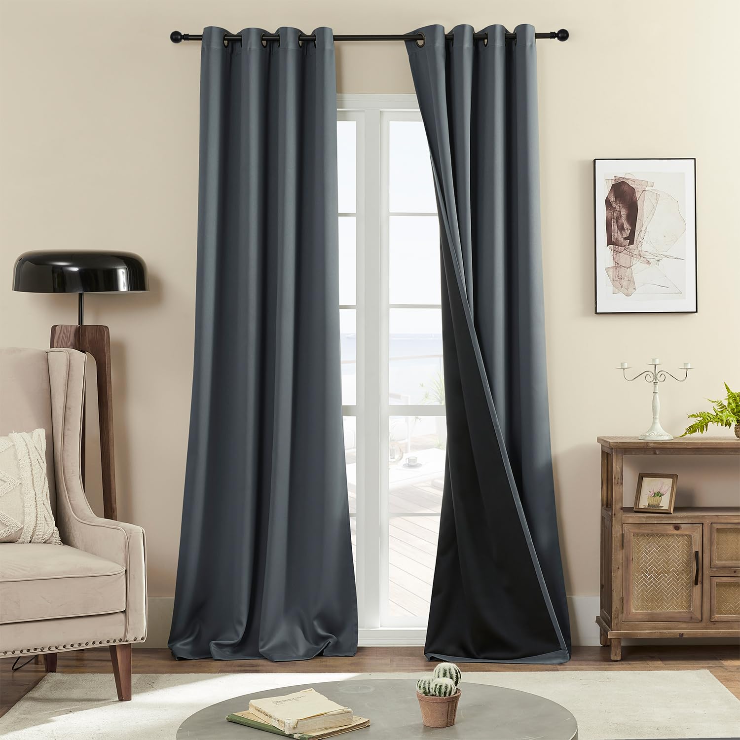 Rutterllow 100% Blackout 340 Gsm Curtains 2 Panels, Full Shade 102 Inches Long Complete Drapes For Living Room, Dark Grey Therma