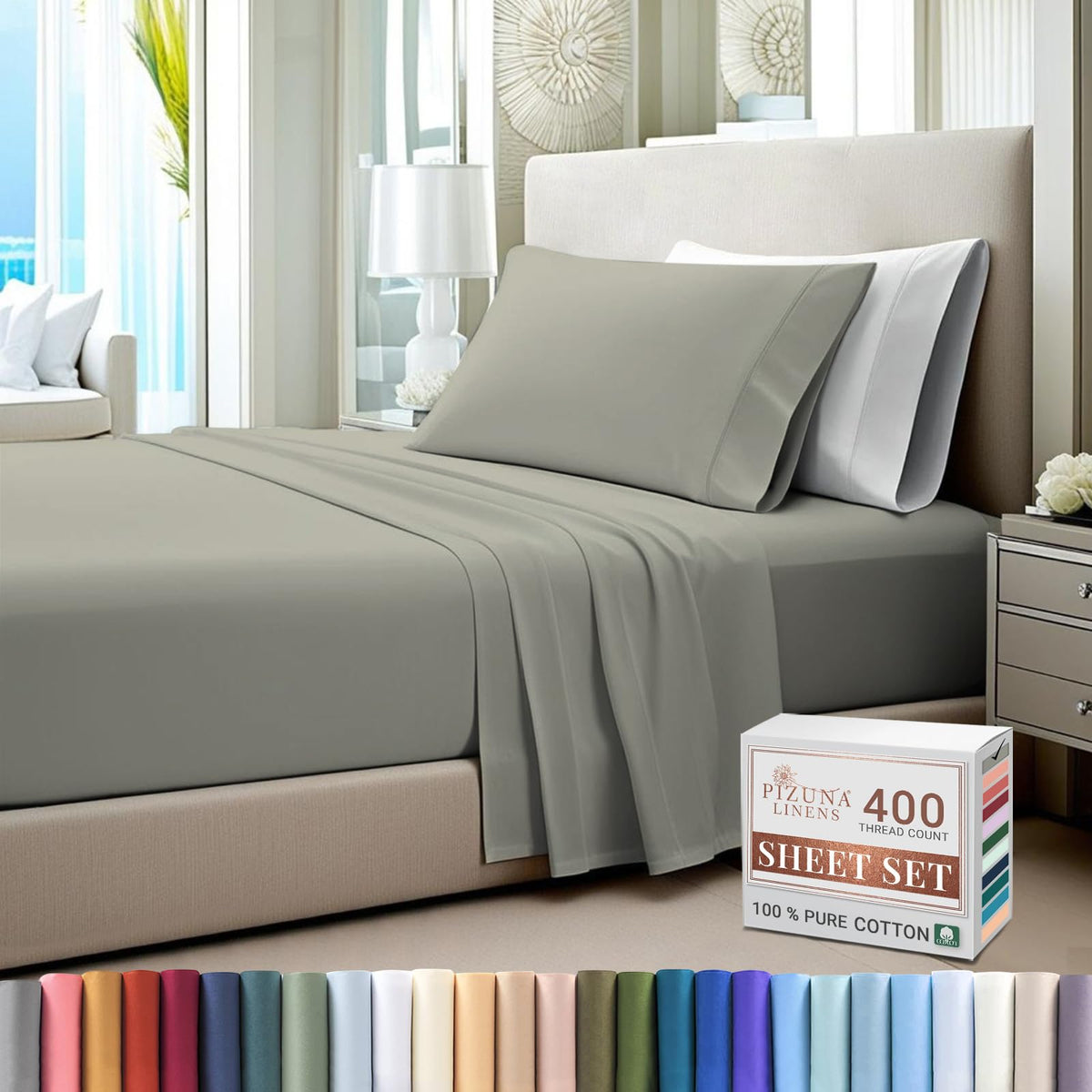 Pizuna Pure 100% Cotton Sheets Twin Xl Size, Luxurious 400 Thread Count Long Staple Cotton Sateen Sheets Twin Xl With 15Inch Dee
