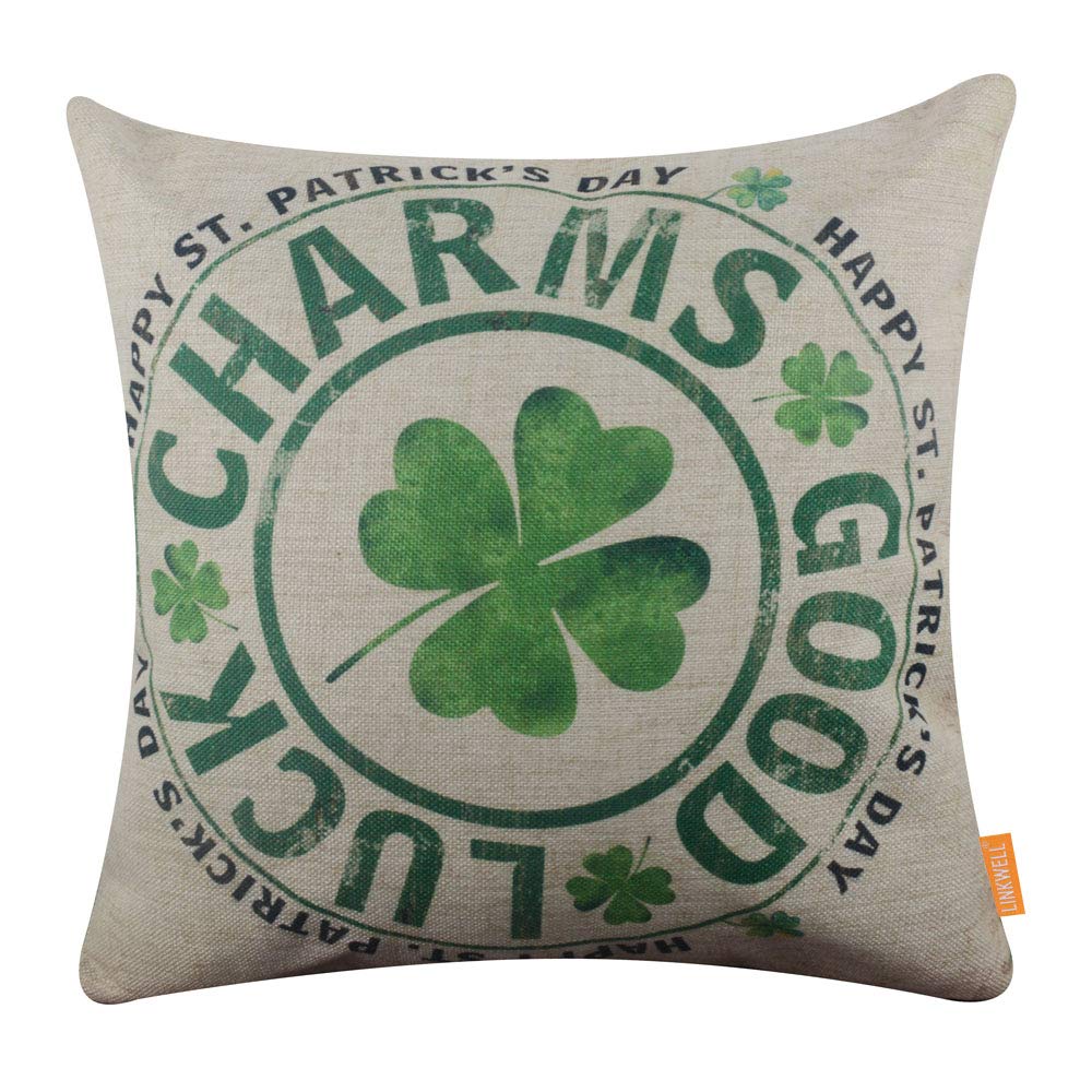 Linkwell Pillow Cover St. Patrick Day Seasonal Gifts Burlap Decorative Cushion Cover 18X18 Inches - Retro Good Luck Charms Cc156