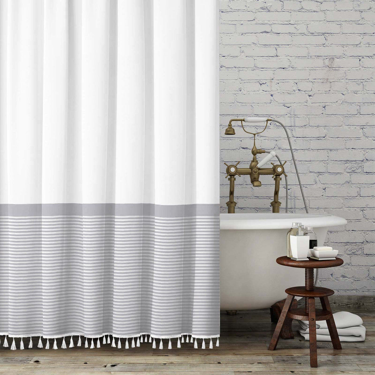 Seasonwood Tassel Fabric Shower Curtain White Gray Striped 78-Inch Bathroom Curtain Set With 4'' Fringes, Spa Hotel Heavy Weight