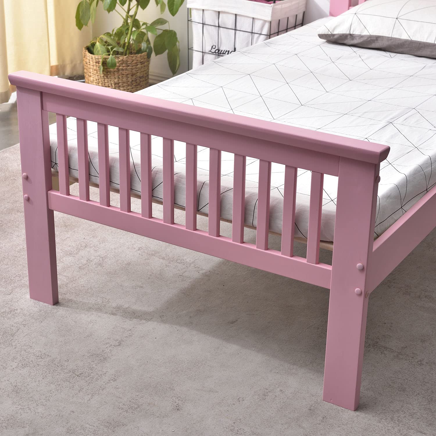 Twin Solid Wood Platform Bed with Headboard/Pine Twin Bed (Pink)