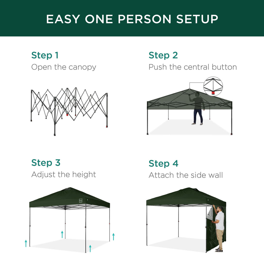 Best Choice Products 10X10Ft Easy Pop Up Canopy W/Side Wall, 10 Pockets, Portable Carrying Case, 1-Button Setup, 4 Weight Bags - Dark Green