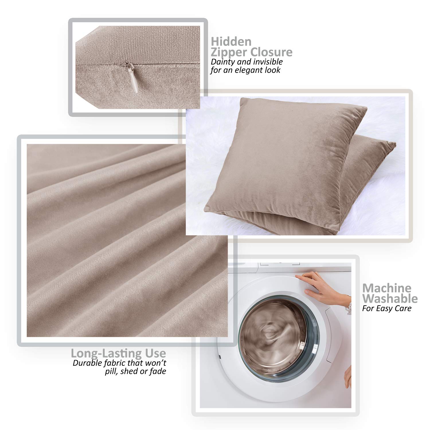 Nestl Throw Pillow Covers, Cozy Velvet Decorative Outdoor Pillow Covers 18X18 Inches, Soft Solid Cushion Covers For Sofa, Bed And Car, Set Of 4 - Taupe Sand