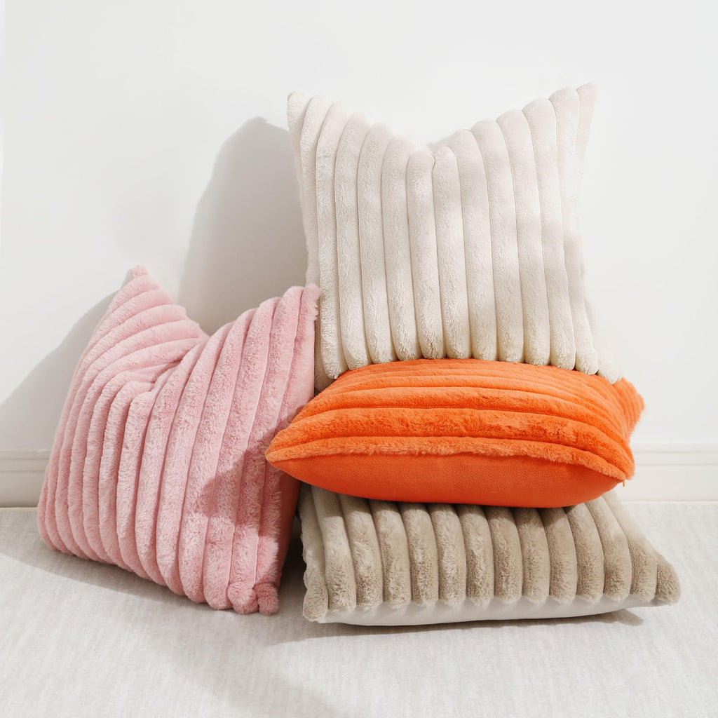 Decoruhome Faux Fur Spring Throw Pillow Covers 16X16 Set Of 2, Decorative Soft Plush Striped Couch Pillow Covers With Velvet Back For Sofa, Bed, Living Room, Beige