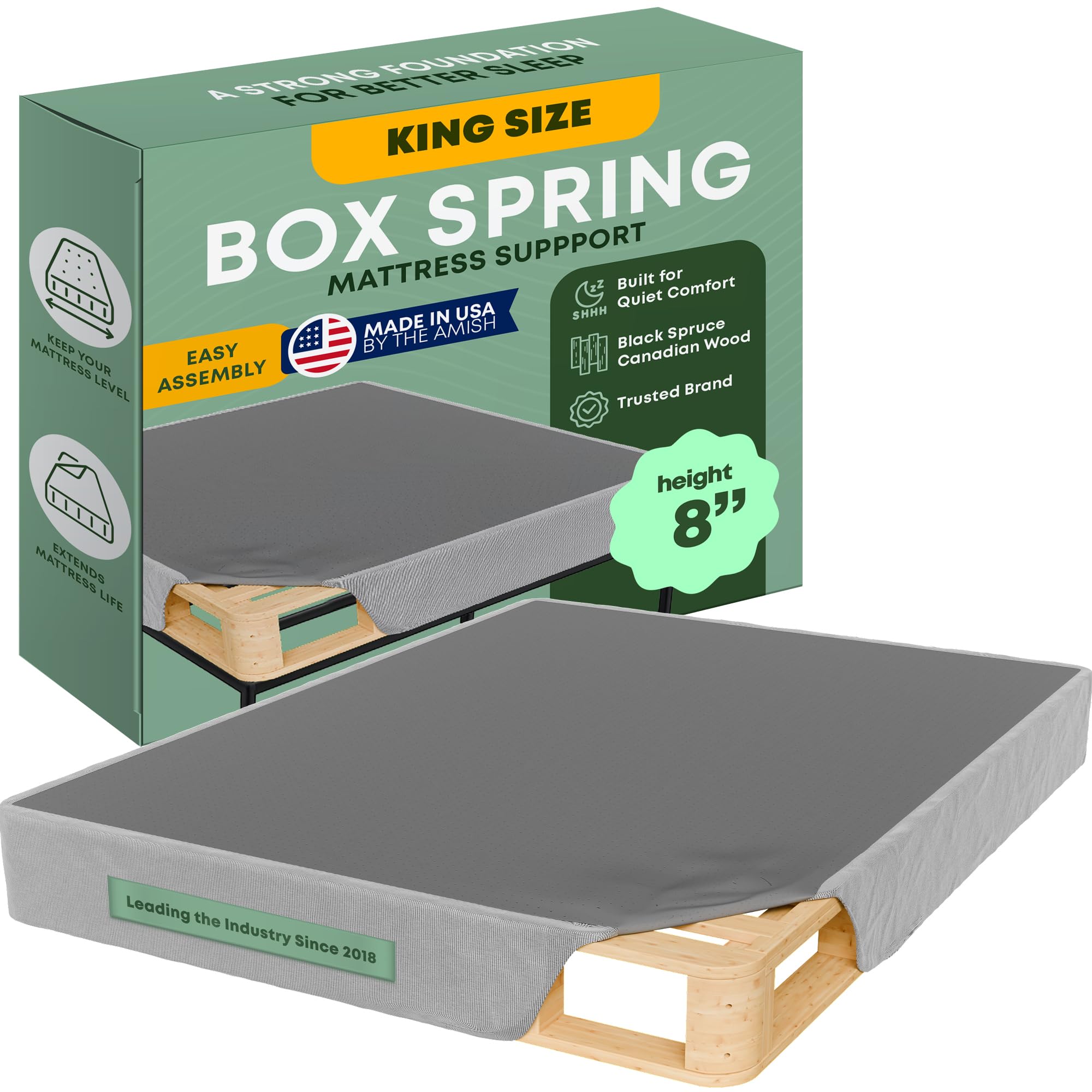 Greaton, 8    King Box Spring for King Bed - Amish-Made in The USA - Solid Wood Box Spring Mattress Foundation with Stable & Qui