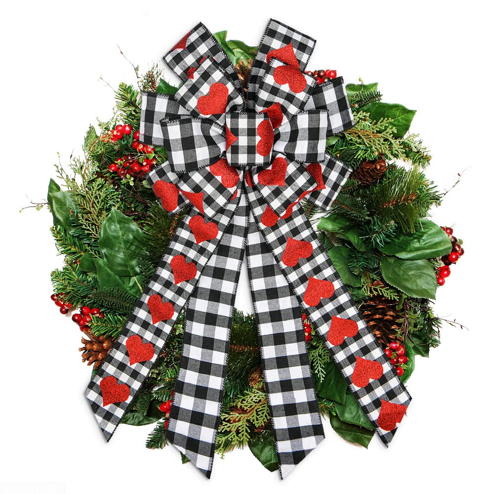 Threetols Large Valentine'S Day Wreath Bows, Black White Buffalo Plaid Bows Wreath For Front Door Red Glitter Heart Decoration B