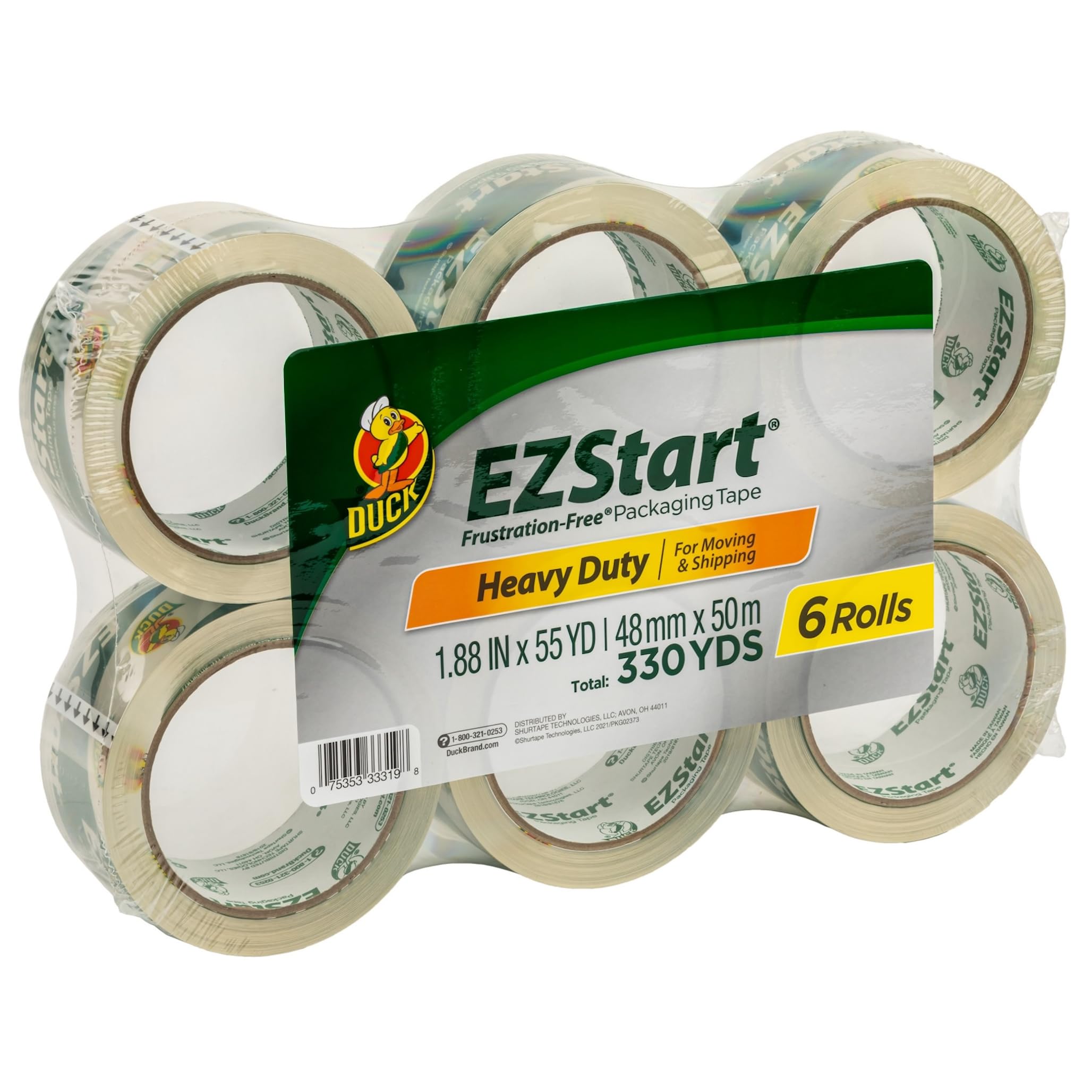 Duck Ez Start Packaging Tape, 6 Rolls, 330 Yards, Clear Packing Tape For Mailing, Moving, Shipping & Storage, Quiet Easy Start T