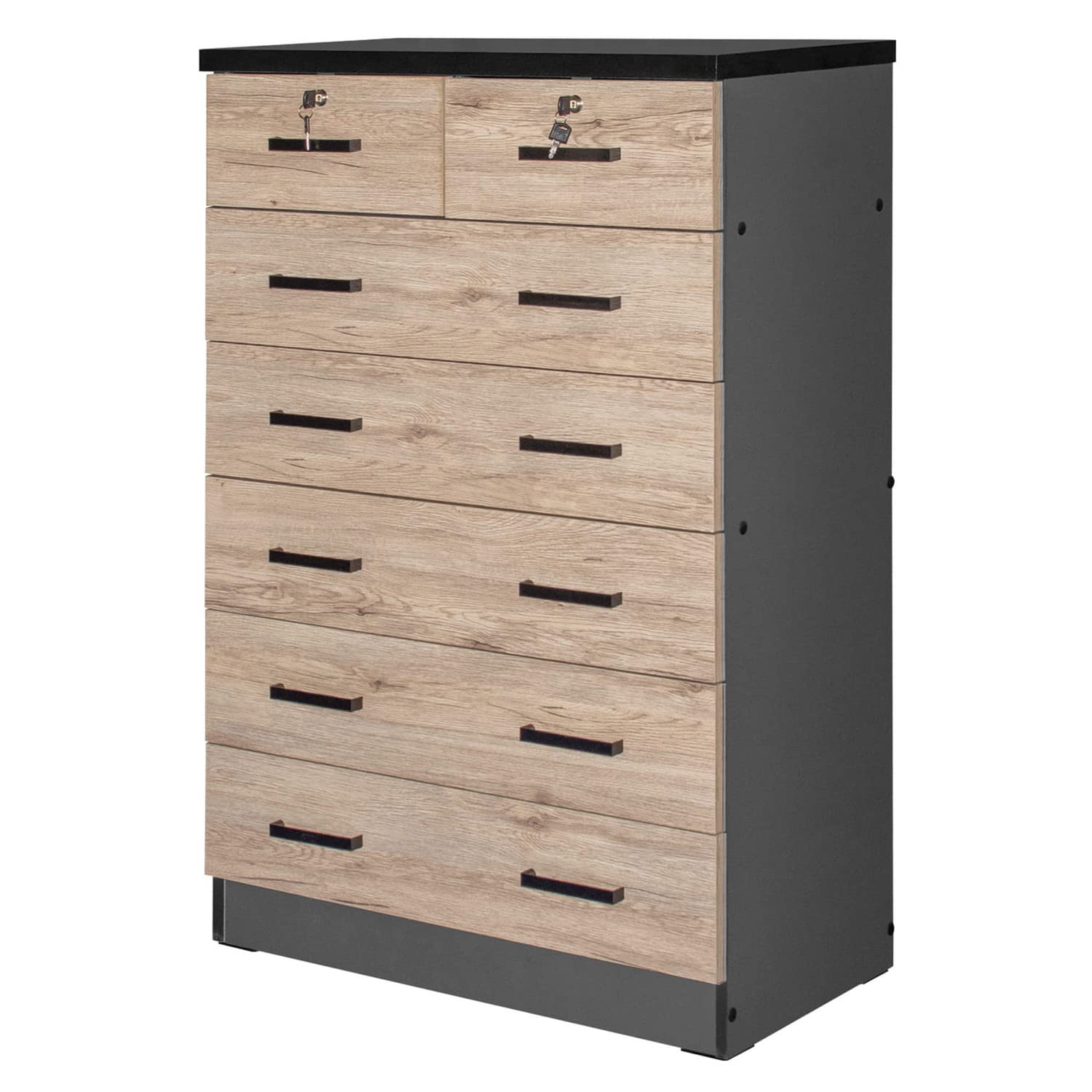 Better Home Products Cindy 7 Drawer Chest Wooden Dresser Natural Oak & Dark Gray