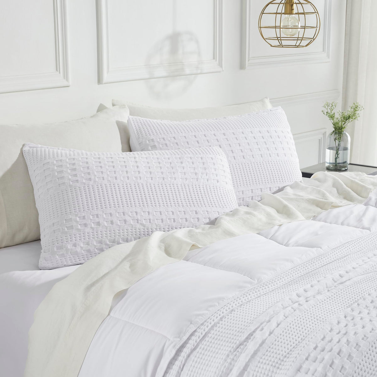 VHC Brands 100% Cotton Waffle Weave White Standard Sham Set of 2 20x26, Decorative Throw Pillow Covers/Shams, Boho Farmhouse Bed