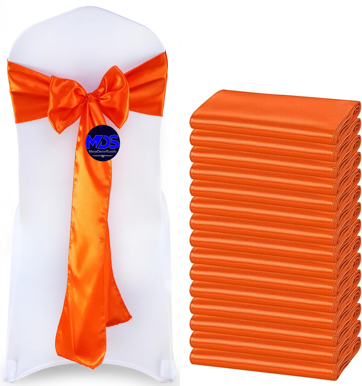 Mds Pack Of 50 Pcs Satin Chair Sashes Charmeuse Sateen Dining Chair Bows Ribbon Ties Back Sash For Wedding Party Birthday Home Hotel Restaurant Banquet Decoration (7 X 108 Inch, Orange)
