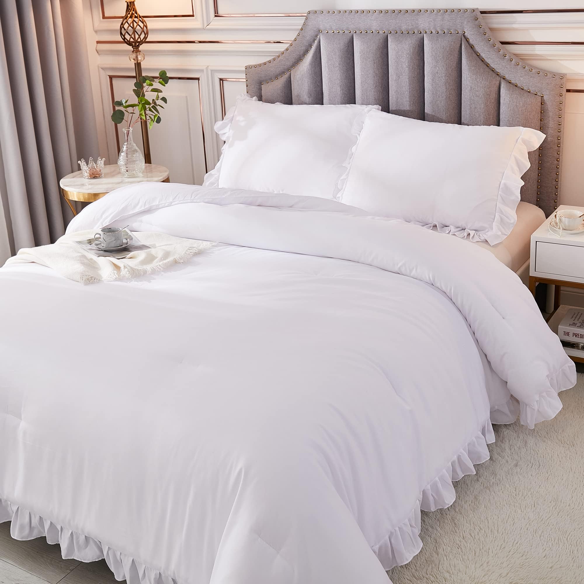 Andency White California King Comforter Set, 3 Pieces Shabby Chic Ruffle Solid Cal King Bedding Sets, Oversized All Season Soft Lightweight Down Alternative Bed Set For Adults Men Women