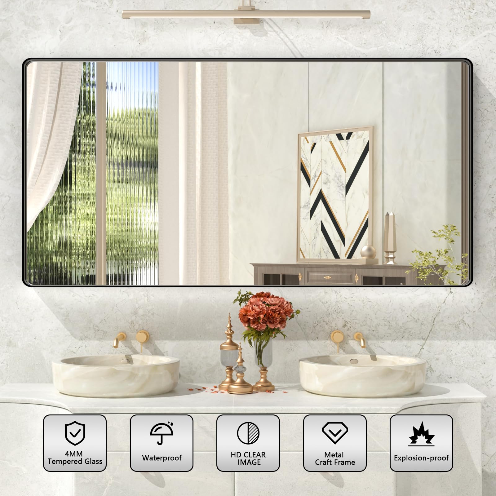 Istripmf Rectangle Black Bathroom Mirror 60X28 Inch, Large Matte Black Bathroom Vanity Mirror,Round Corner Black Metal Framed Mi