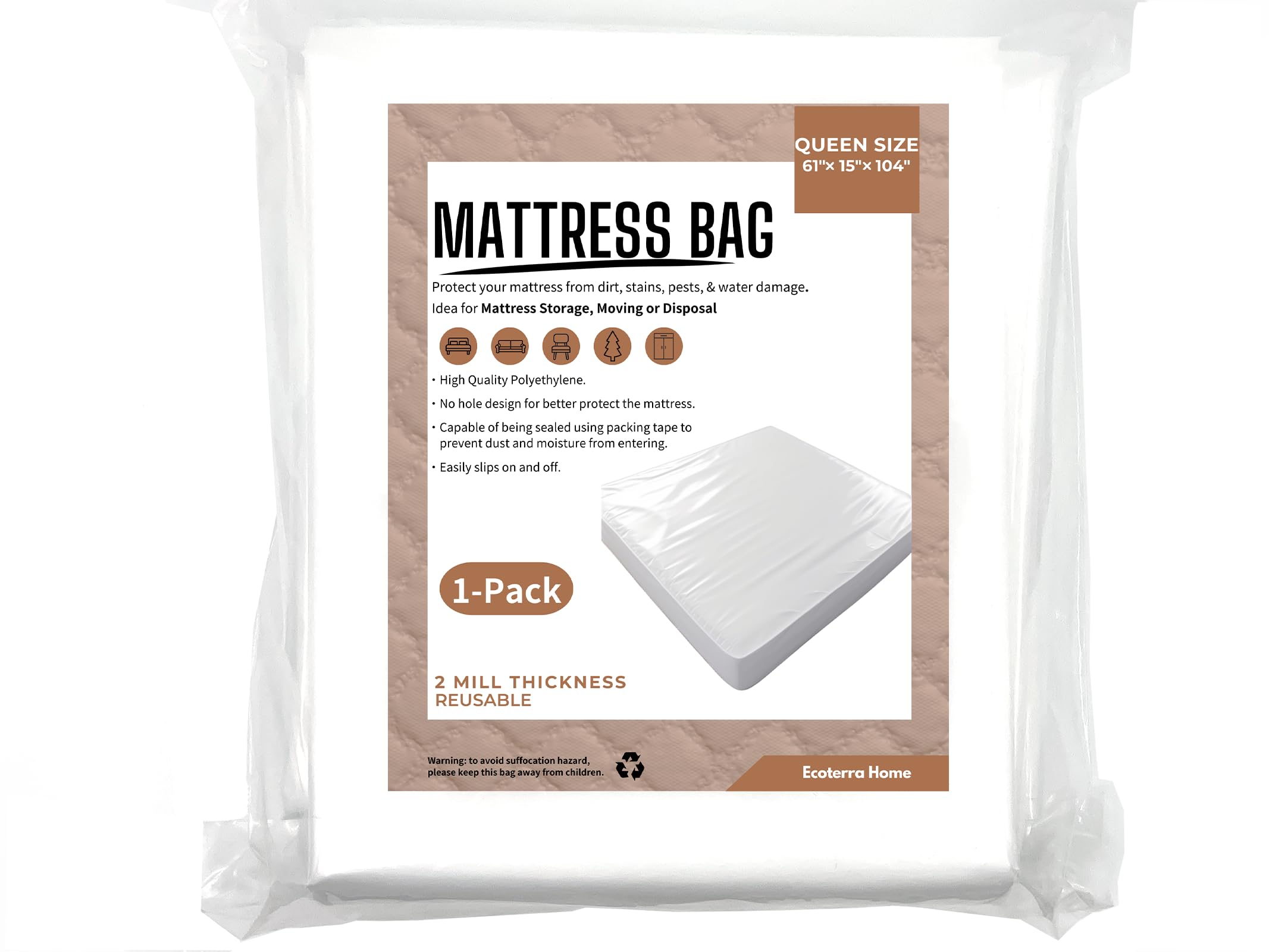 Queen Mattress Bags For Moving And Disposal 61' X104'X 15' Waterproof Storage Mattress Cover Queen For Mattress And Boxspring