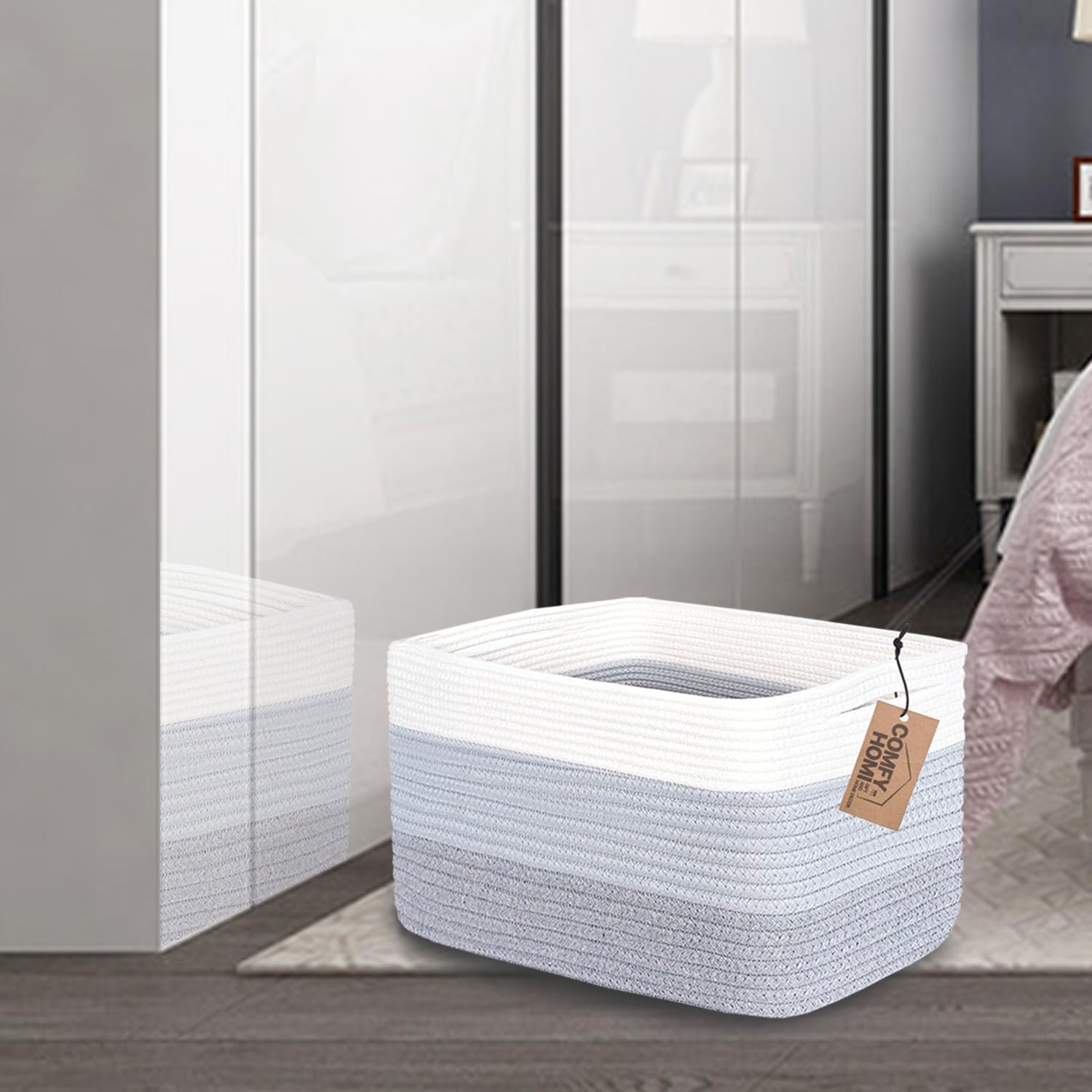 Comfy-Homi Cotton Rope Woven Basket With Handles For Shelves,Toys,Book, Cloth Storage Baskets Bin For Organizing-13.5'X11'X9.5' Toy Decorative Organizer For Living Room, Bathroom-White/3Tone Grey