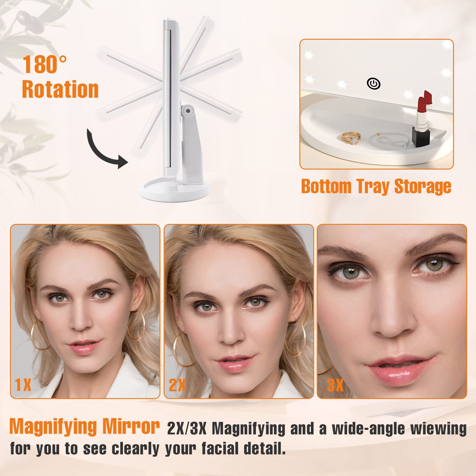 Fascinate Trifold Vanity Mirror With Lights, Lighted Makeup Mirror 2X/3X Magnification, 21 Led Touch Dimming, Dual Power 180 Rot