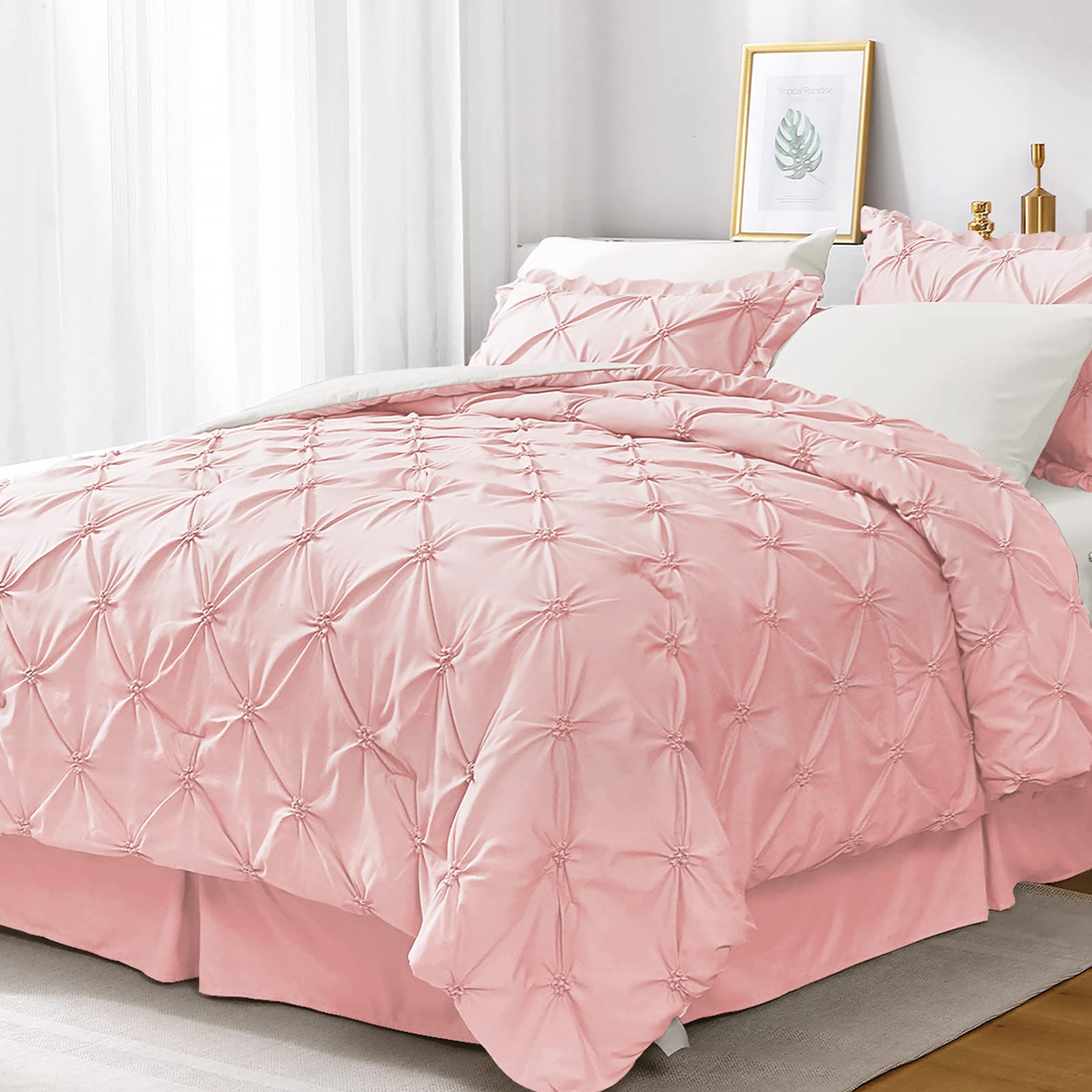 Jollyvogue Pink/Ivory Cal King Size Comforter Sets 7 Pieces, Pintuck Bed In A Bag Comforter Set For Bedroom, Bedding Comforter S