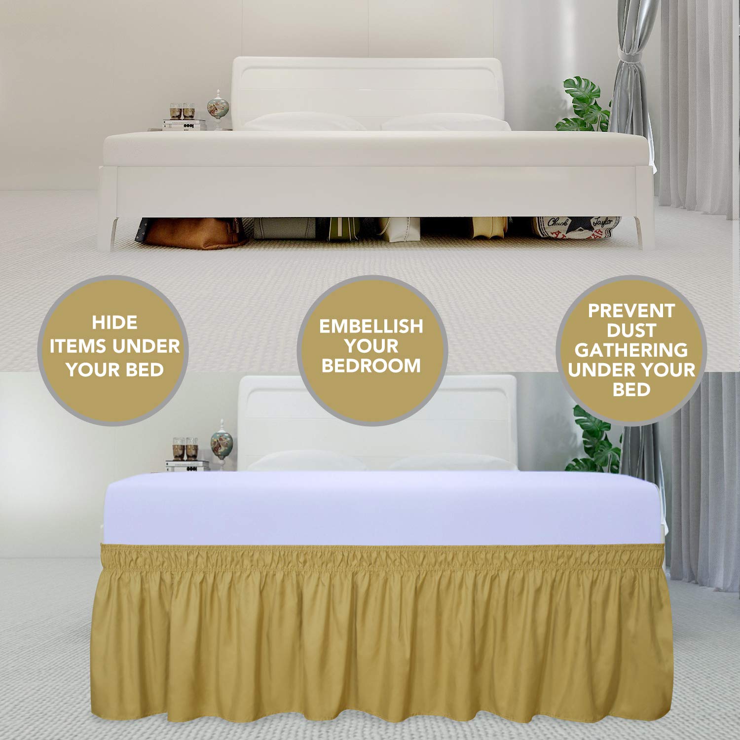 Purefit Wrap Around Ruffled Bed Skirt With Adjustable Elastic Belt - 14 Inch Drop Easy To Put On, Wrinkle Free Bedskirt Dust Ruffles, Bed Frame Cover For Queen, King And C-King Size Beds, Gold