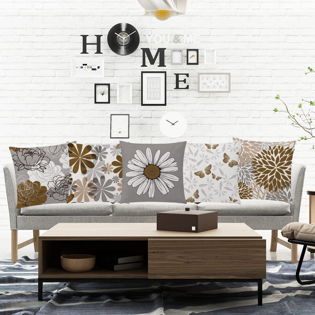 Comminy Brown Grey Pillow Covers 18X18 Set Of 6 Decorative Daisy Flower Throw Pillow Cover For Couch Modern Coffee Pillow Case F