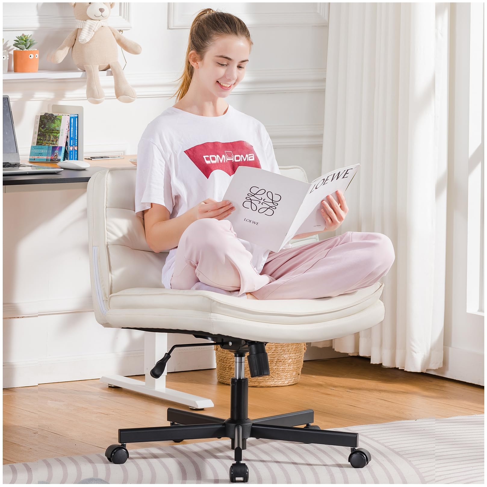 Comhoma Criss Cross Armless Office Chair, Mid Back, Swivel, Beige