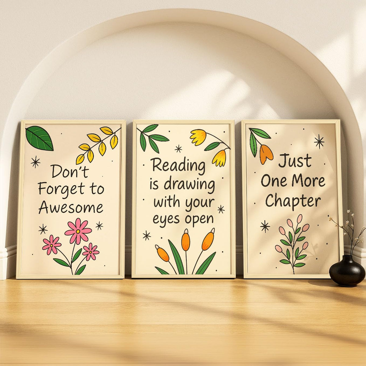 SoulAbiti Uplifting Study Nook set of 3 Framed Wall Print 12x18 inch Light Brown Frame PlexiGlass Positive Affirmation Art read