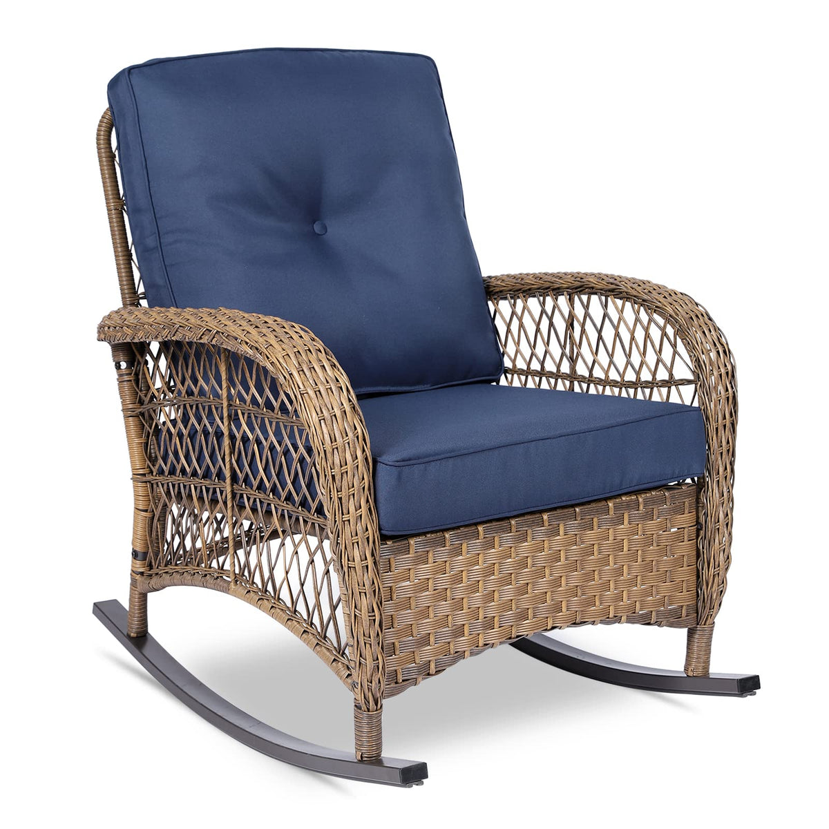 Vivijason Outdoor Wicker Rocking Chair, Patio Rattan Rocker Chair With Cushions & Steel Frame, All-Weather Rocking Lawn Wicker Furniture For Garden Backyard Porch (Navy Blue)