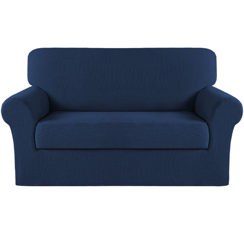 Turquoize Stretch Sofa Slipcover 2 Pieces Sofa Cover Couch Cover For 2 Cushion Couch Washable Furniture Protector Covers With Elastic Bottom Feature Thick Jacquard Fabric (Loveseat, Navy)