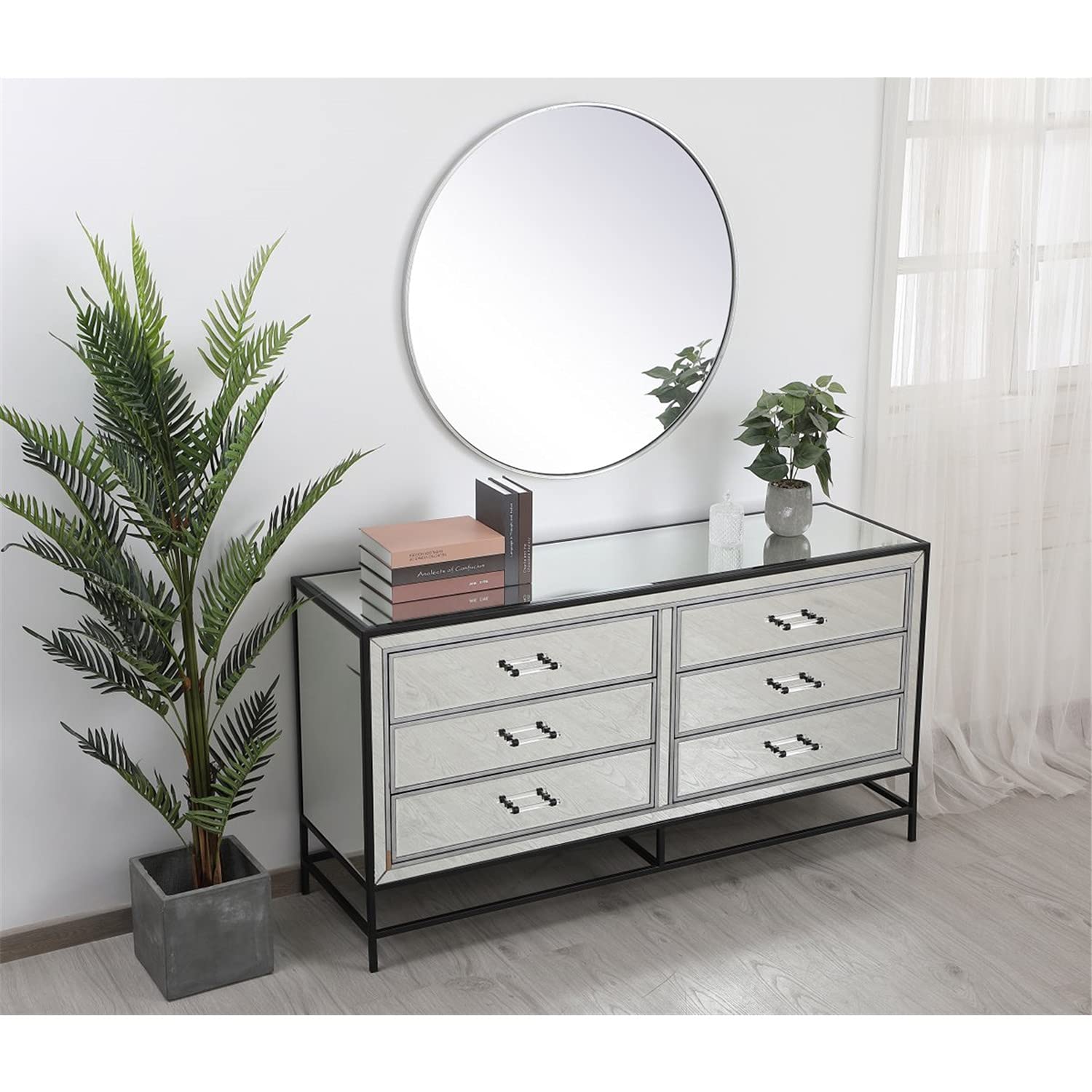 Elegant Decor 60 inch Mirrored 6 Drawers Chest in Black