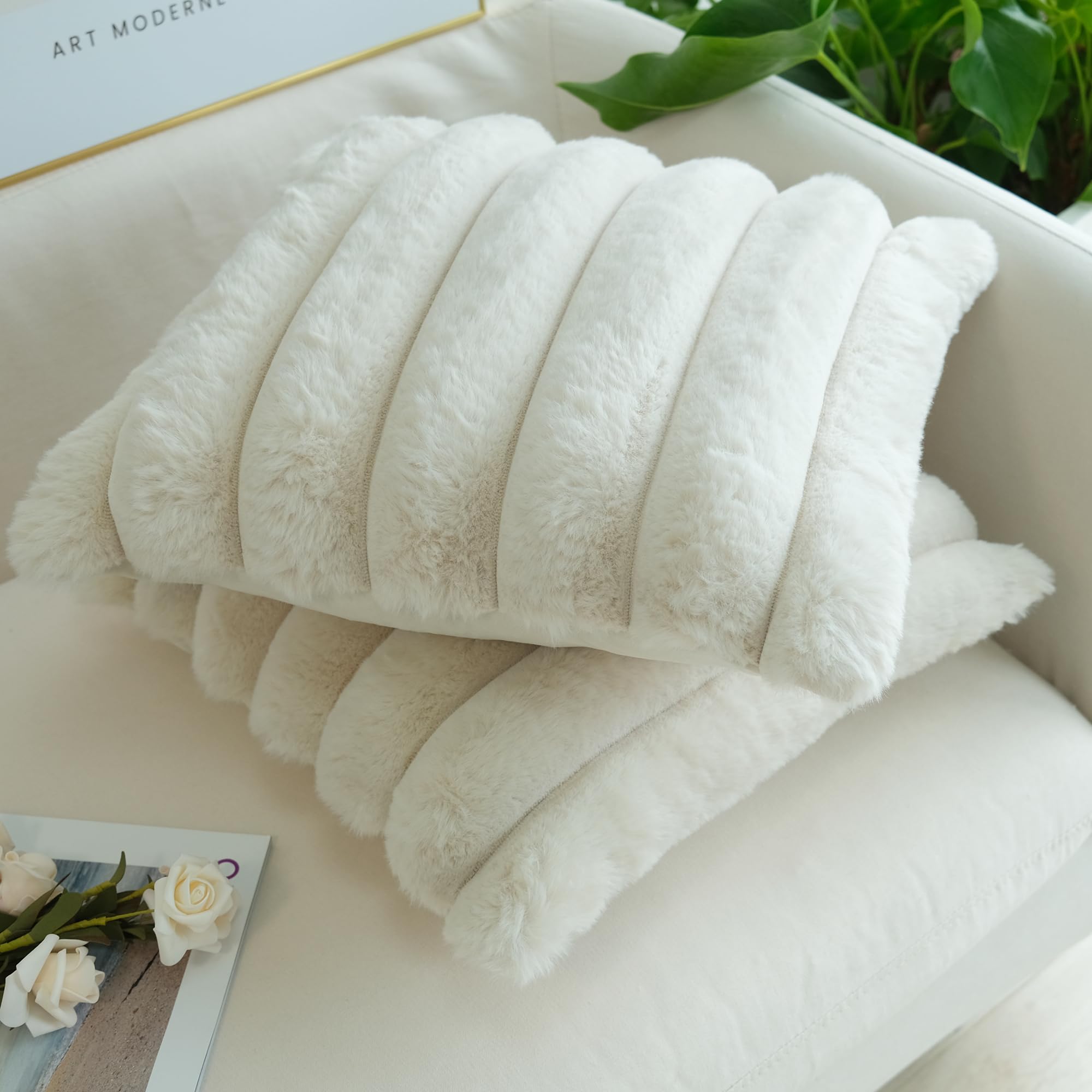 Jojusis Pack Of 2 Faux Fur Plush Decorative Throw Pillow Covers Couch Cushion Case Soft Fluffy Pillowcases Wide Stripe (Beige, 1