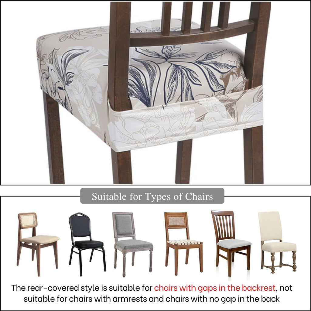 Searchi Stretch Dining Chair Seat Covers Set Of 6, Soft Removable Washable Seat Covers For Dining Chairs, Dining Room Seat Cover Slipcover Protector (Rear-Covered, Beige And Blue Flower)