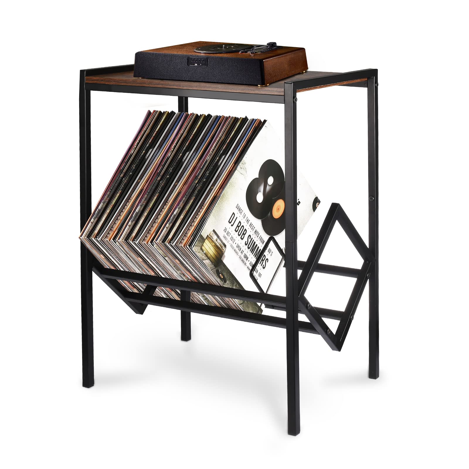 Dack Record Player Stand With Storage Up To 80 Albums,Turntable Stand With Matte Black Metal Legs, Record Player Table For Livin