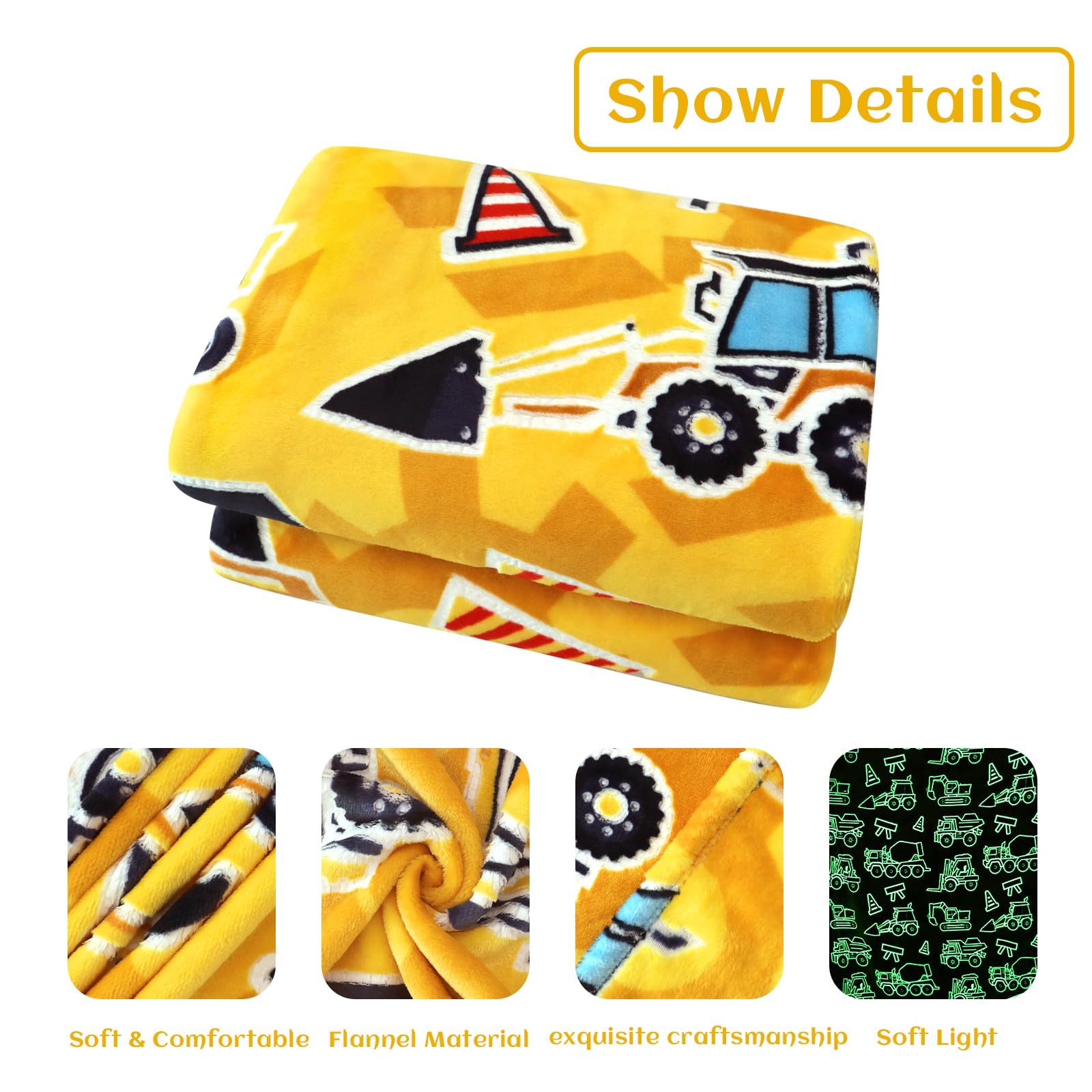 Excavator Blanket Construction Gifts For Kids Glow In The Dark Truck Blanket Soft Tractor Toys Throw Blankets Boys Car Theme Dec